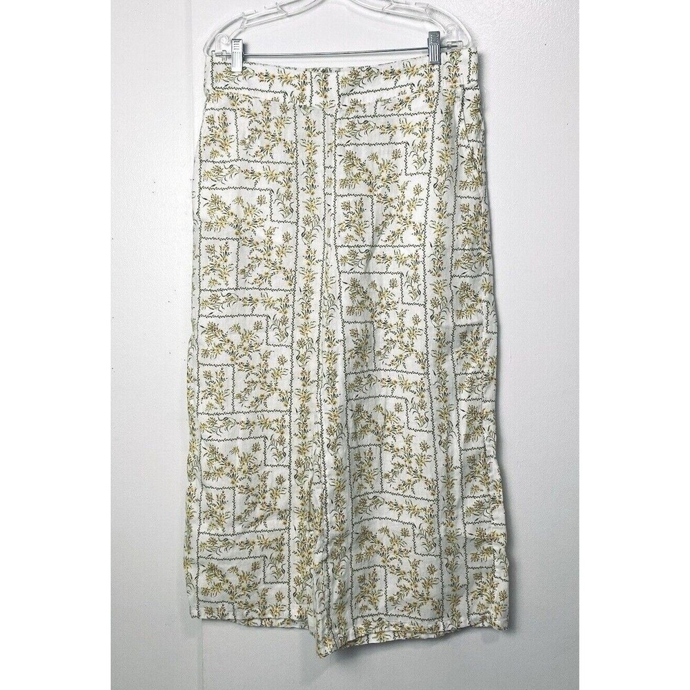 Joie Pants Ivory Floral Size M 100% Linen Wide Leg Ankle Cropped